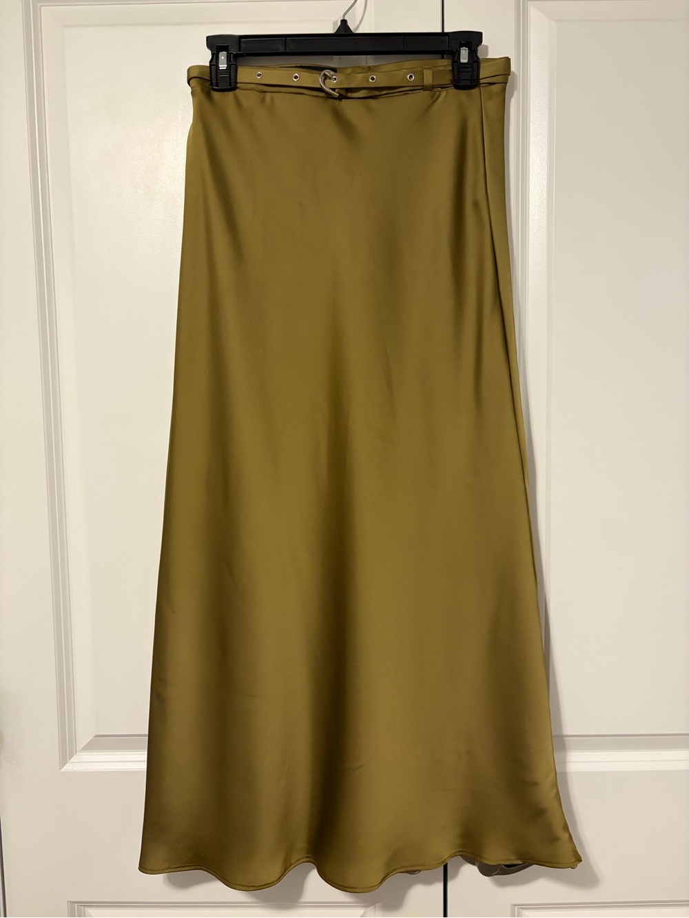 Satin Olive Green Maxi Skirt with Slim Belt